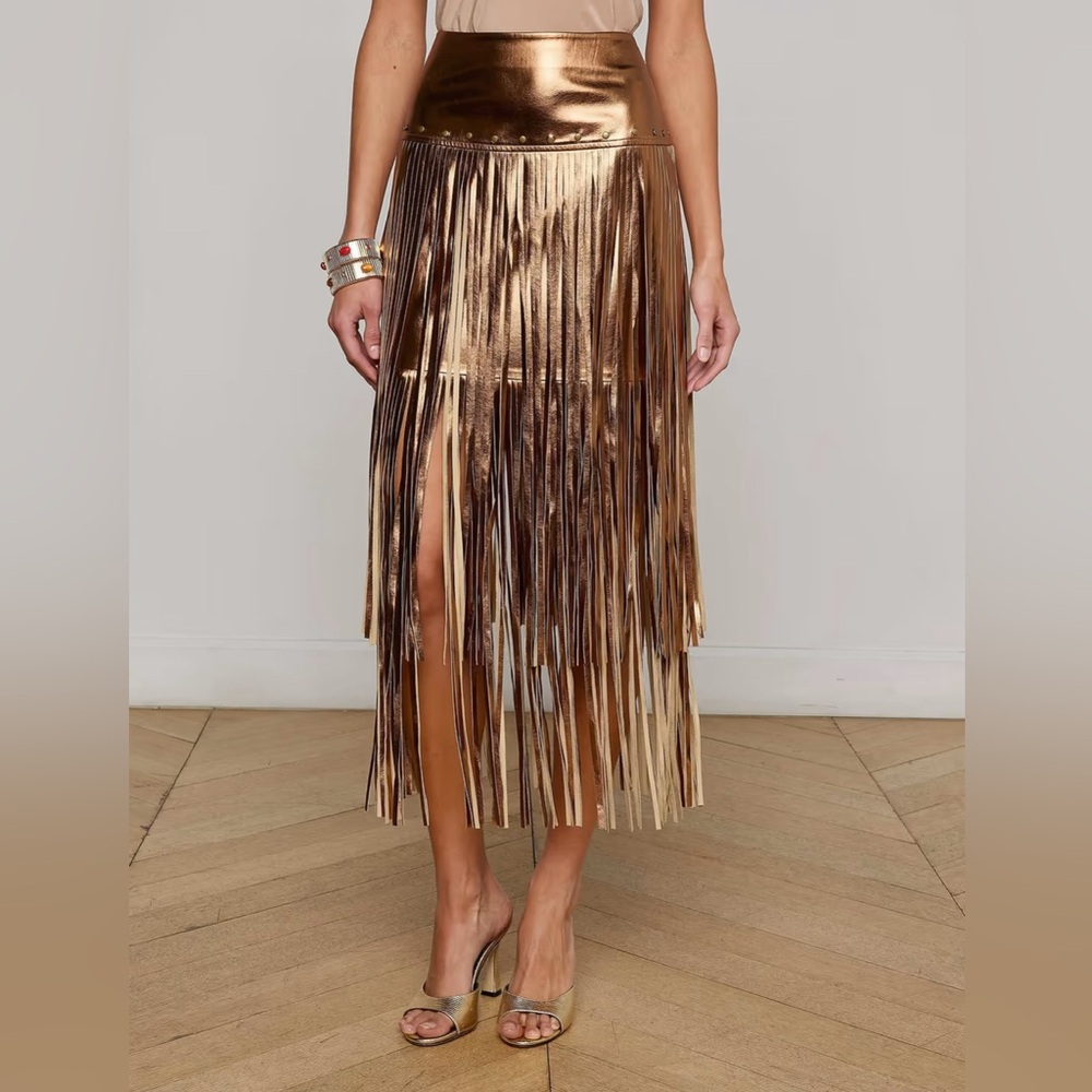 L'Agence Women's Metallic Bronze Karolina Fringe Skirt- NWT